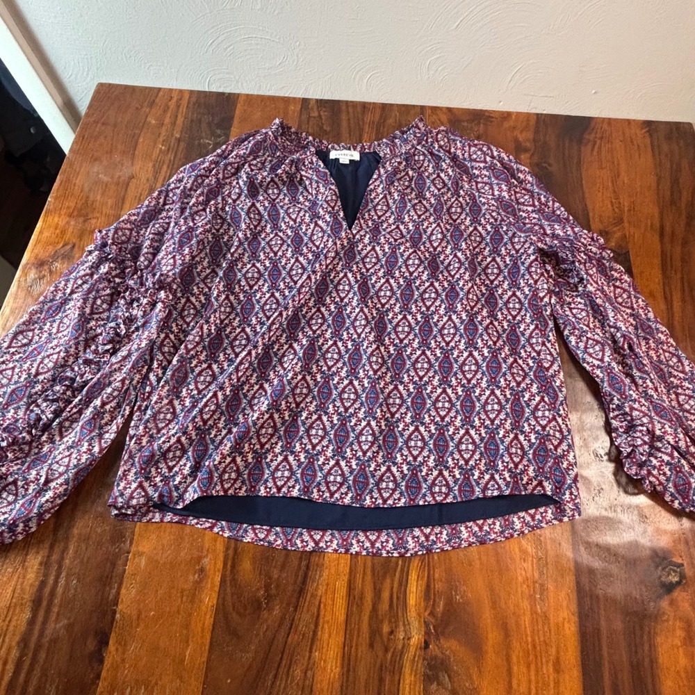 Evereve Womens Large Geometric Diamond Print‎ Ruffle Sleeve Blouse Navy Burgundy